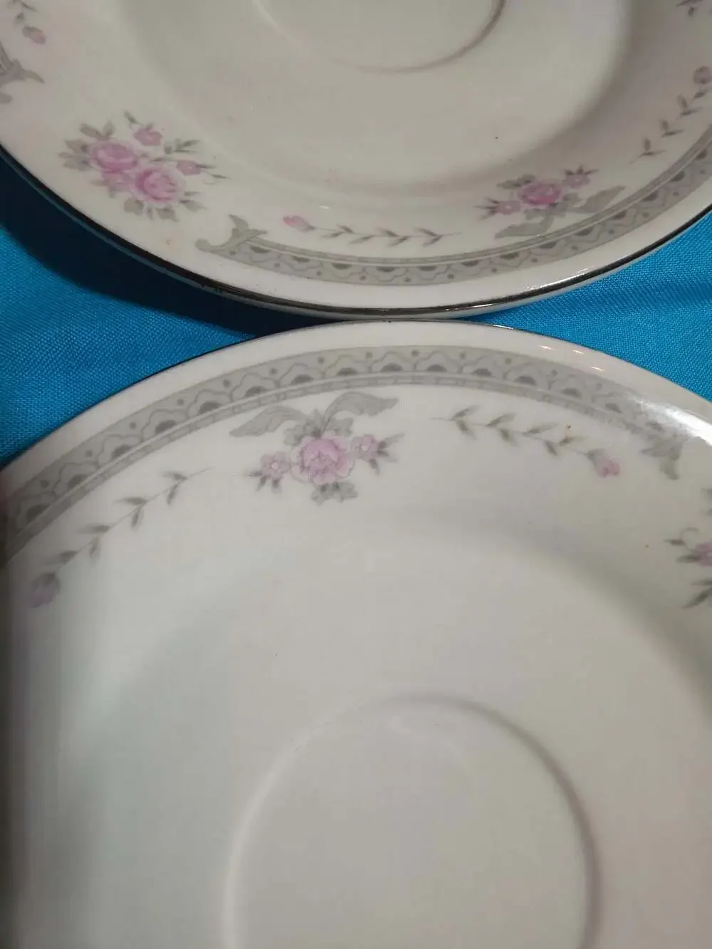 Dynasty Fine China Colleen 6-Inch Saucer Set of 4 Pink Flowers Gray Trim